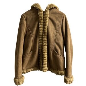 Braetan Coat Women L Brown Faux Suede Fur Line Trim Hooded Penny Lane 70s Hippie